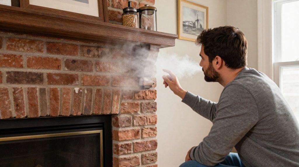 Homeowner noticing an odor near a brick fireplace in a living room — Spring Hill Chimney Service NEPA