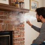 Homeowner noticing an odor near a brick fireplace in a living room — Spring Hill Chimney Service NEPA