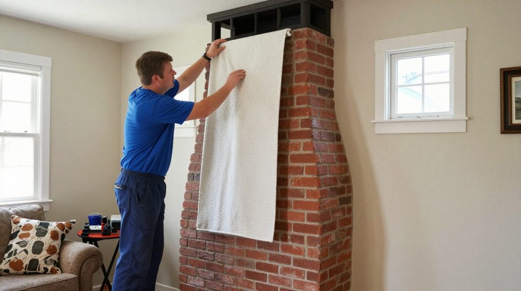 Chimney technician laying down a drop cloth and setting up equipment inside a homeowner's living room before a service visit — Spring Hill Chimney Service NEPA.jpg