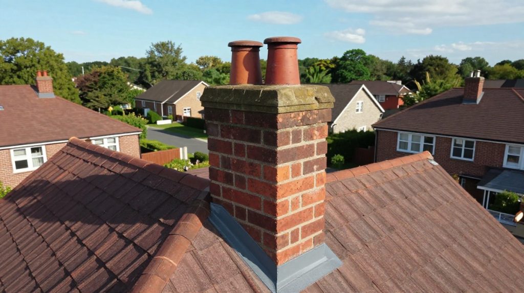 Brick chimney on a residential roof with bold text overlay reading