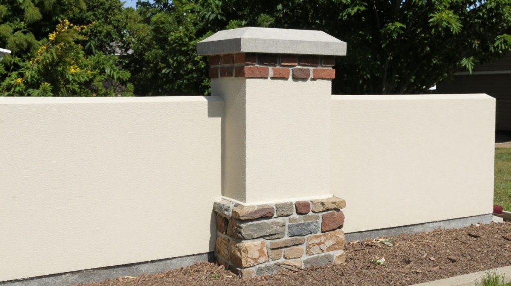 Brick chimney rising from a parged concrete foundation base showing the structural connection point — Spring Hill Chimney Service NEPA