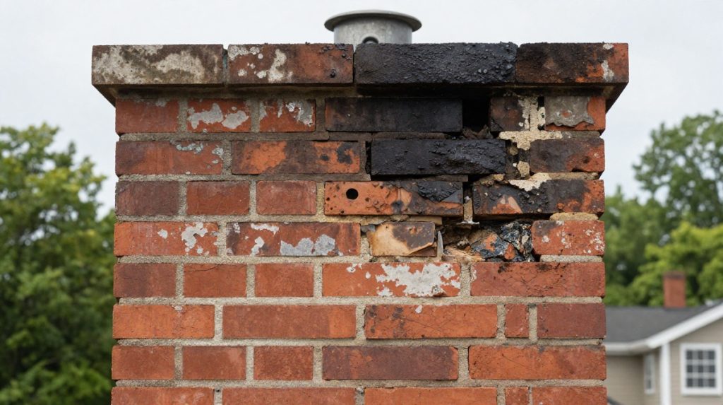 Brick chimney showing signs of water damage including efflorescence, cracked mortar, and spalled brick — Spring Hill Chimney Service NEPA