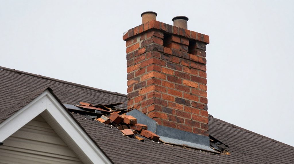 Storm-damaged brick chimney with displaced bricks and impact damage on a residential roof — Spring Hill Chimney Service NEPA