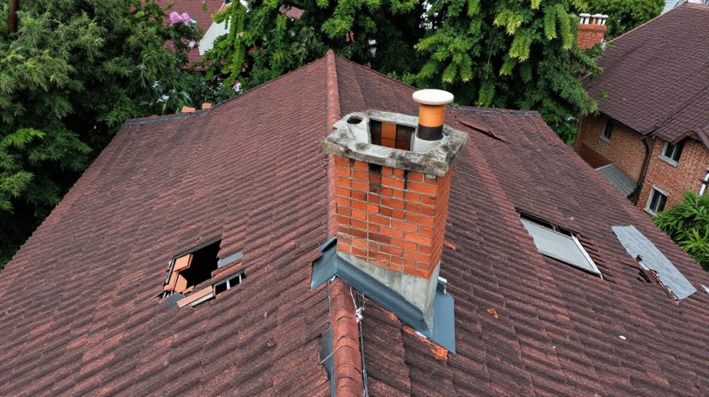 Brick chimney and surrounding shingled roof showing combined weather damage at the flashing line — Spring Hill Chimney Service NEPA