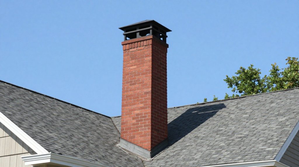 Snow-covered brick chimney on a residential roof in northeastern Pennsylvania during a winter storm — Spring Hill Chimney Service NEPA